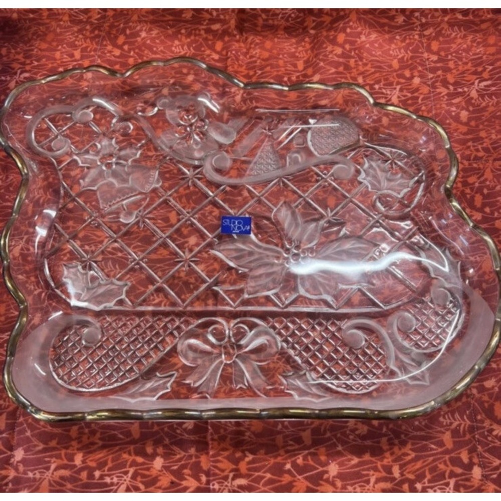 VINTAGE STUDIO NOVA SANTA‎ SLEIGH CHRISTMAS CRYSTAL PLATTER GOLD RIM MIB No Box